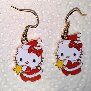 Hello Kitty Winter Holiday Gold Star Earrings.Red Whte Gold Enamel Earwires NEW
